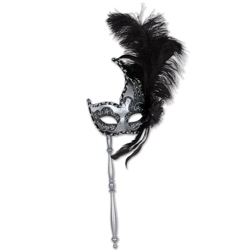 Beistle Silver and Black Glitter Feather Mask w/ Stick - Mardi Gras | Party