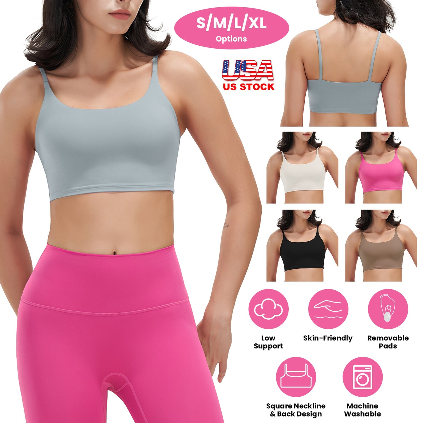 Women Strap Sport Bras Padded Strappy Crop Square Neck Low Impact Bras Sexy