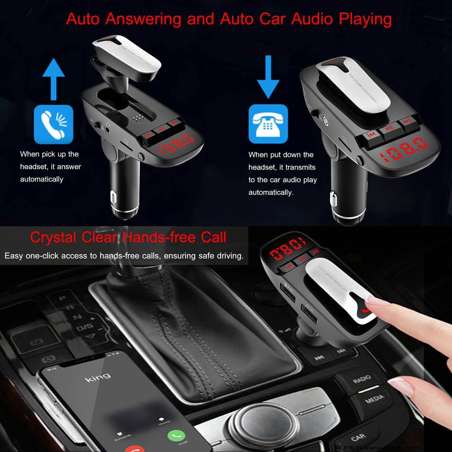 Car FM Transmitter w/ Wireless Earpiece 2 USB Charge Ports Hands-free Call MP3