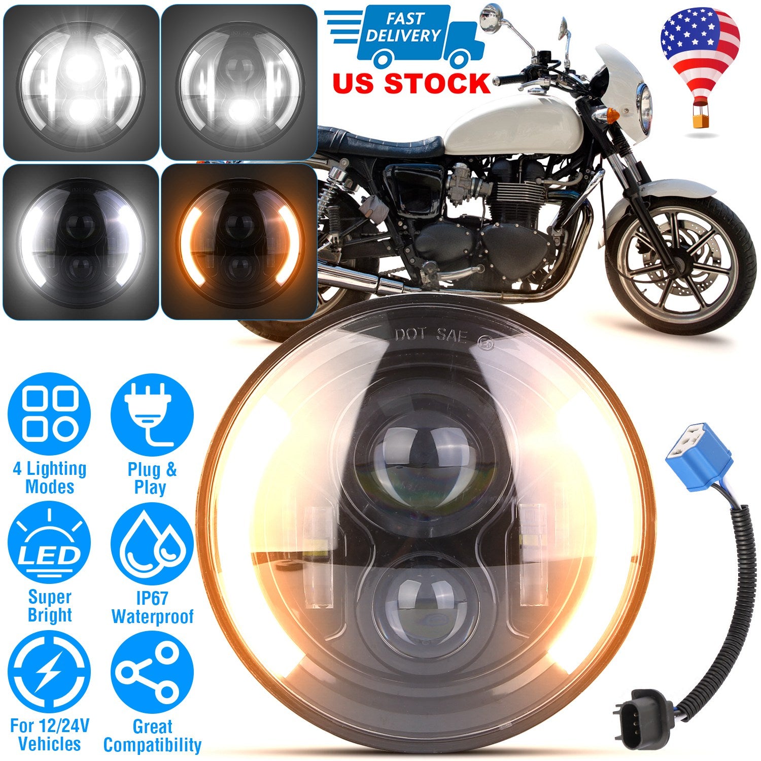 7In 40W Round LED Headlight 3800LM Halo Car Headlamp with DRL Turn Light High