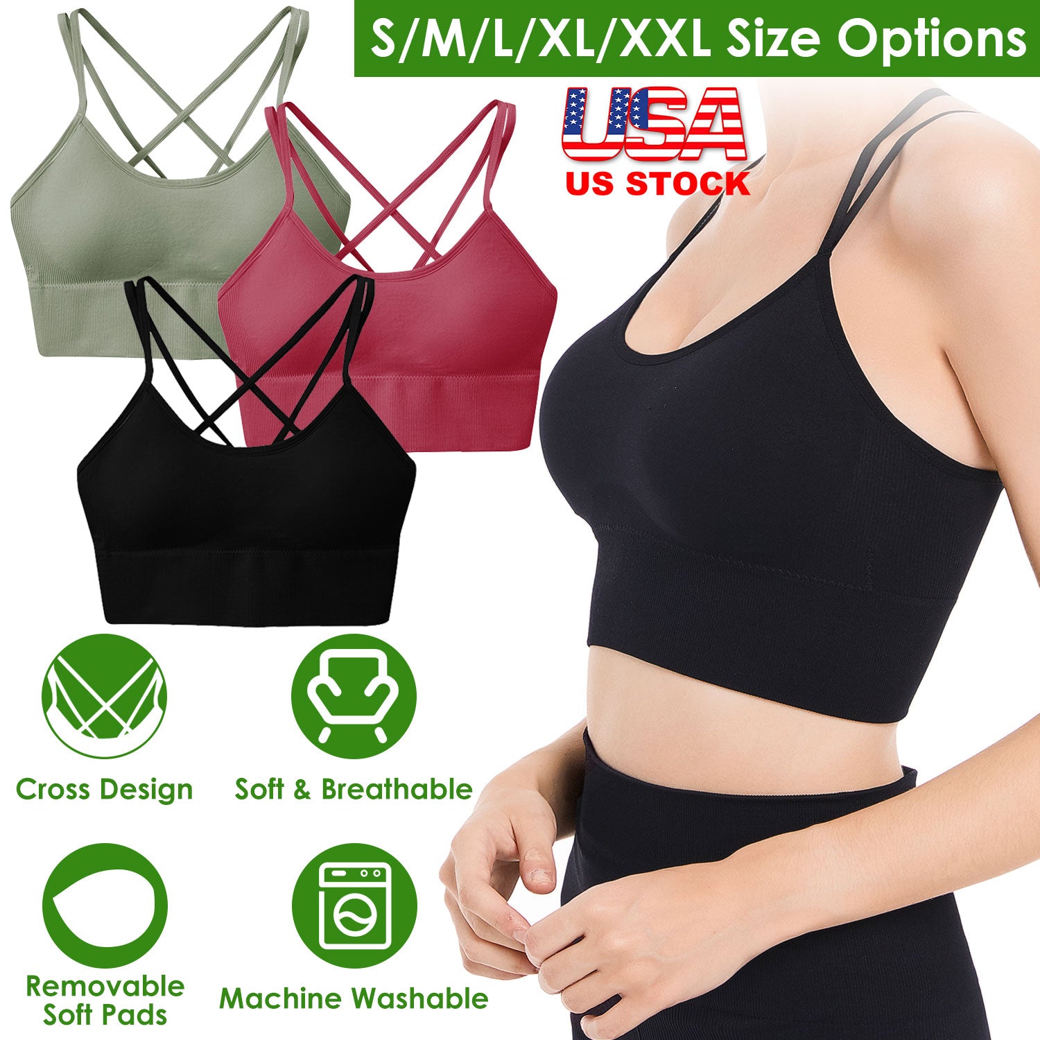 3Packs Women Cross Back Sport Bras Padded Strappy Medium Support Bras Sexy