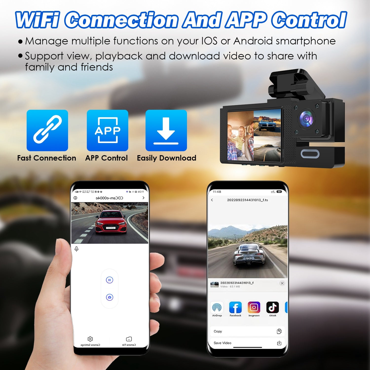WiFi FHD 1080P Car Dash Cam 3 Channels Front Rear Inside Dash Camera with Loop