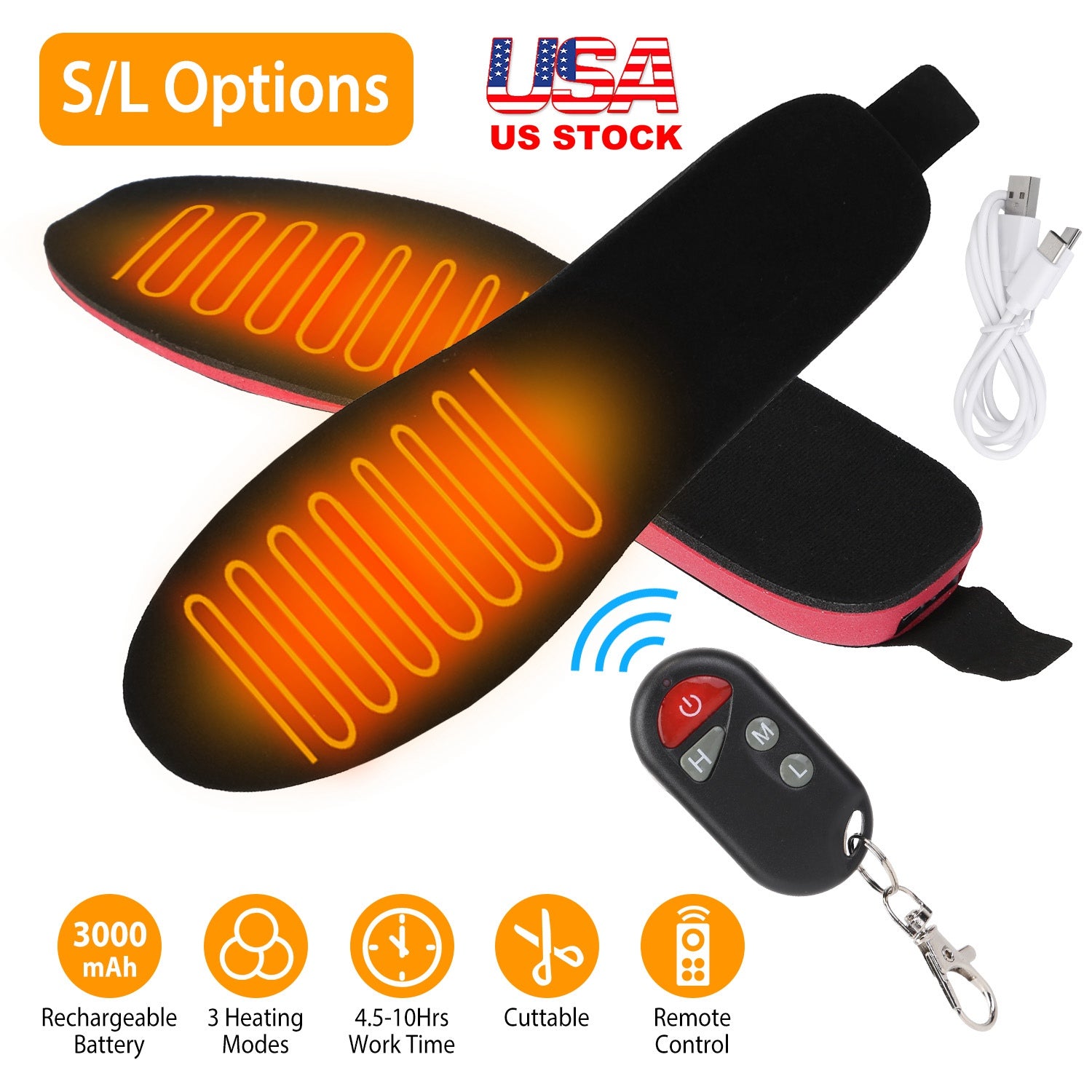 Heated Insoles Electric Heated Foot Warmer 3000mAh Rechargeable Battery Powered