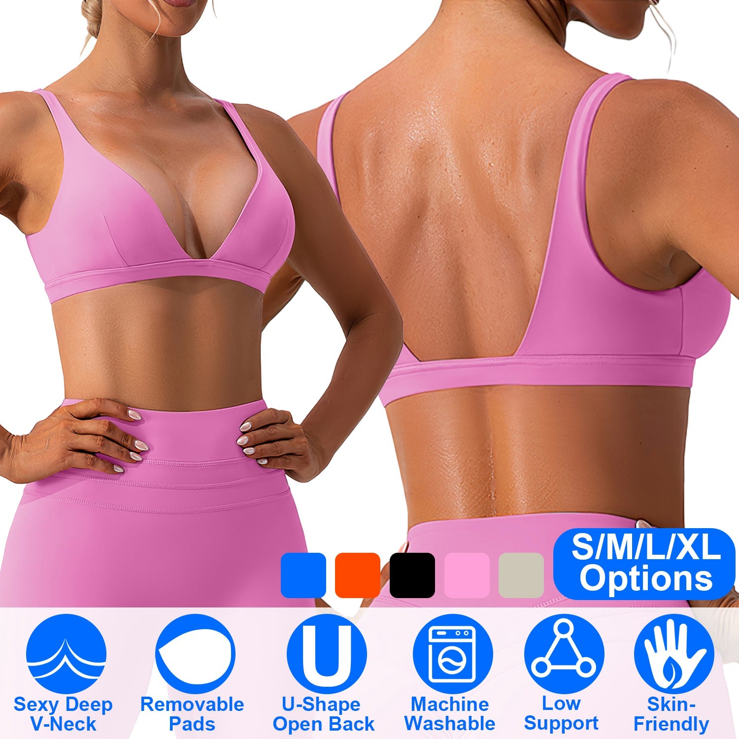 Women Deep V-Neck Sports Bras U-Shaped Back Sport Bras Padded Strappy Crop Open