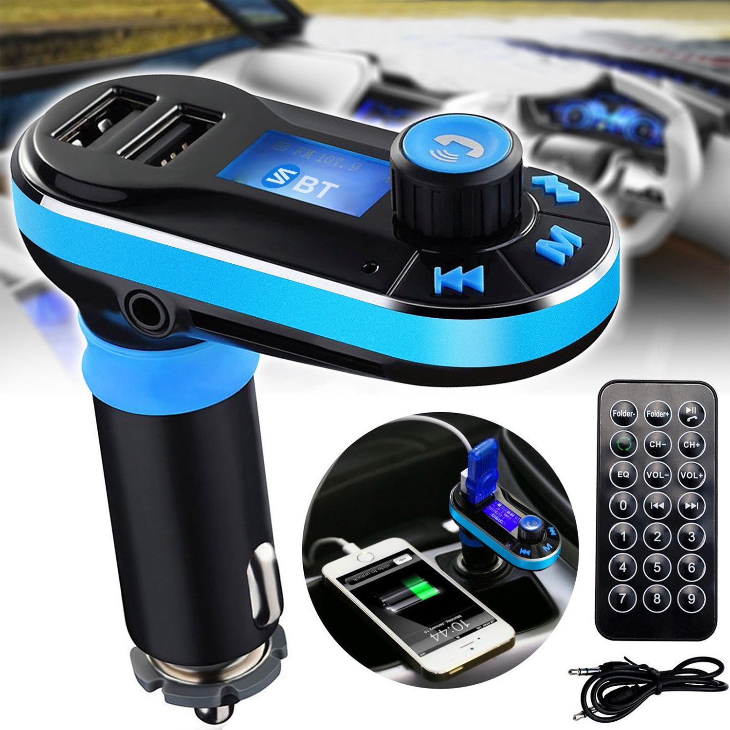 Car Wireless FM Transmitter Dual USB Charger Hands-free Call MP3 Player Aux-in