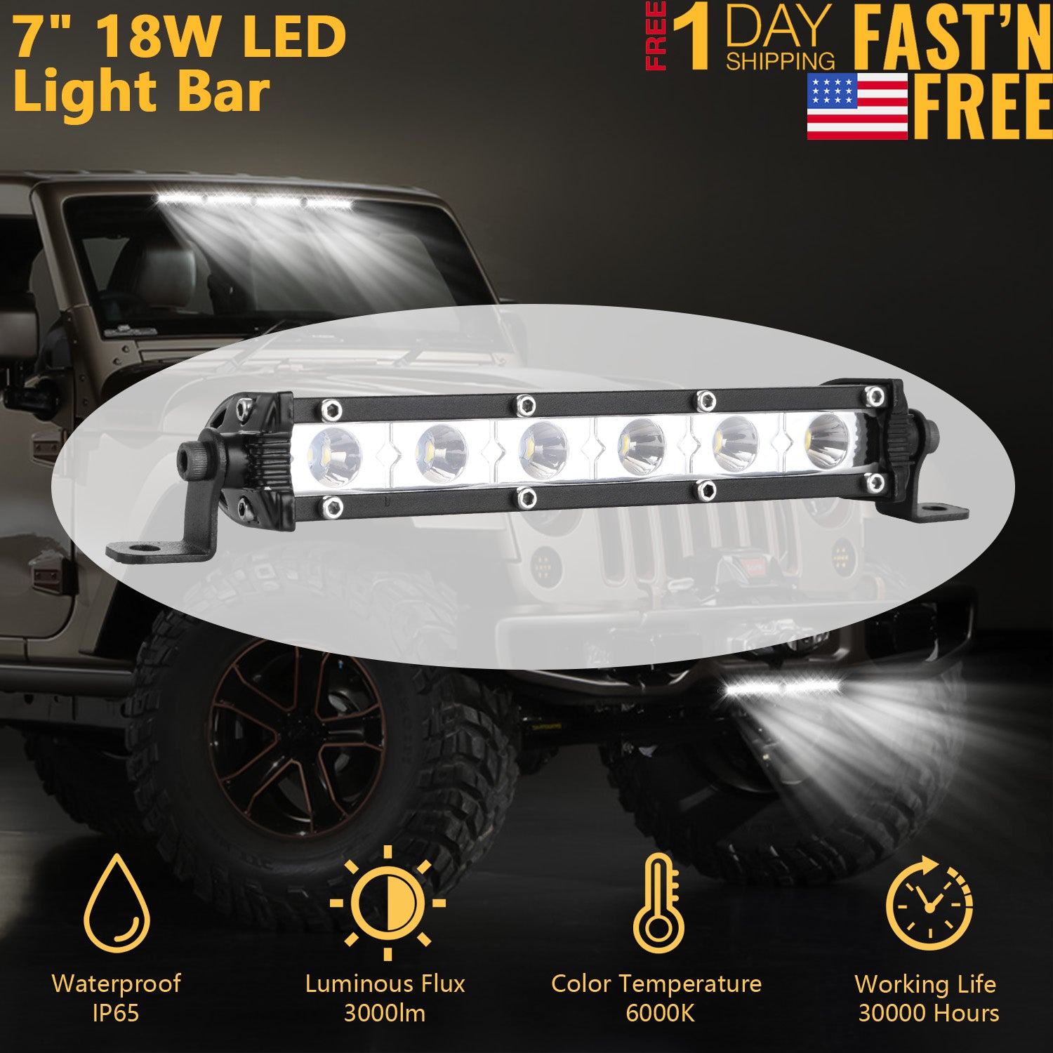 7" LED Light Bar Single Row Offroad Spot Lights 18W Ultra Slim Straight Work