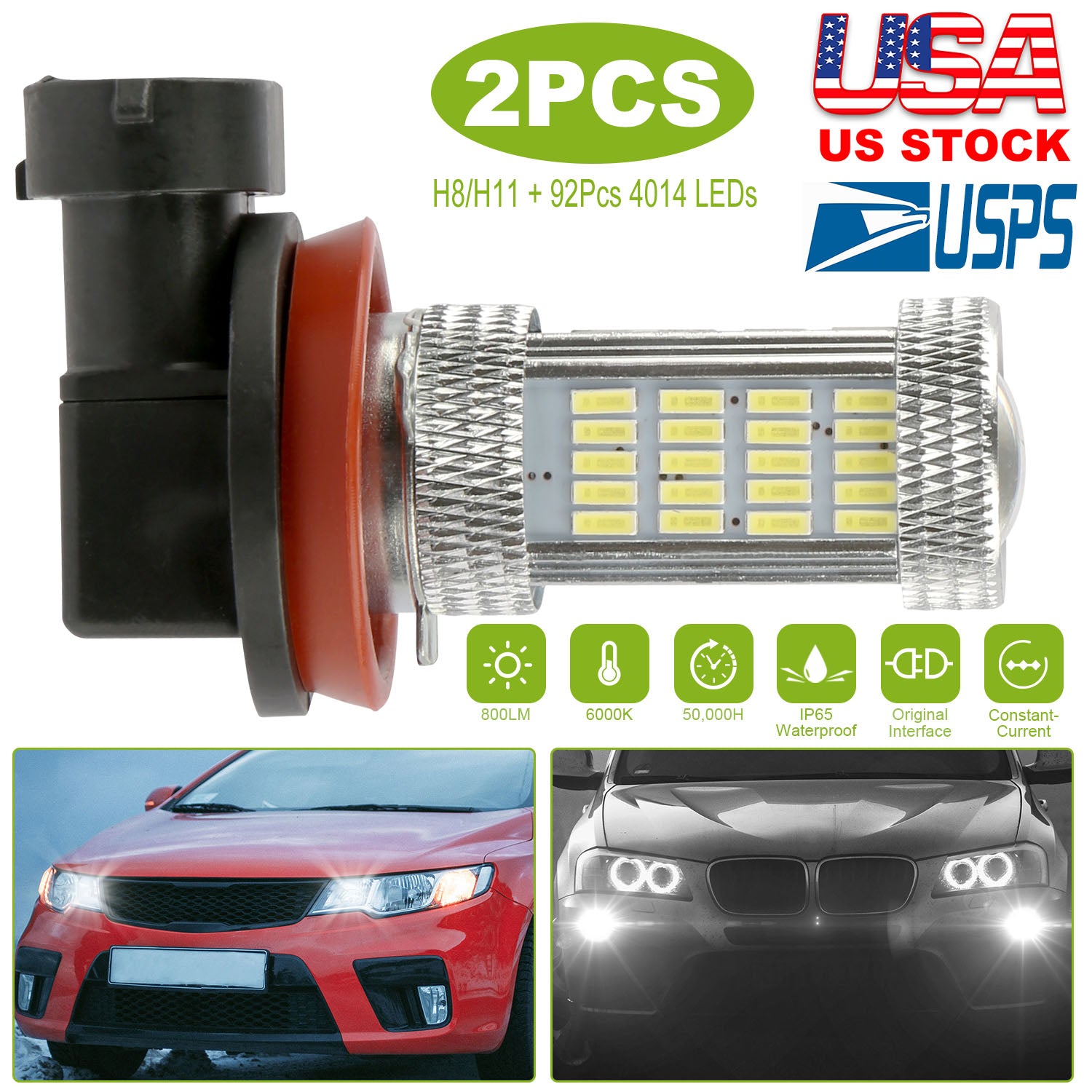 2PCS 800lm H8/H9/ H11 LED Fog DRL Light Bulb IP65 Water-Resistant 360° Beam