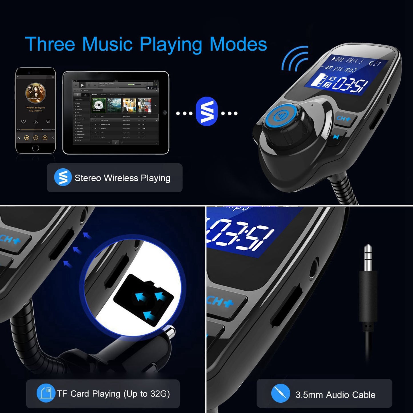 iMounTek Car Wireless FM Transmitter Fast USB Charge Hands-free Call Car MP3