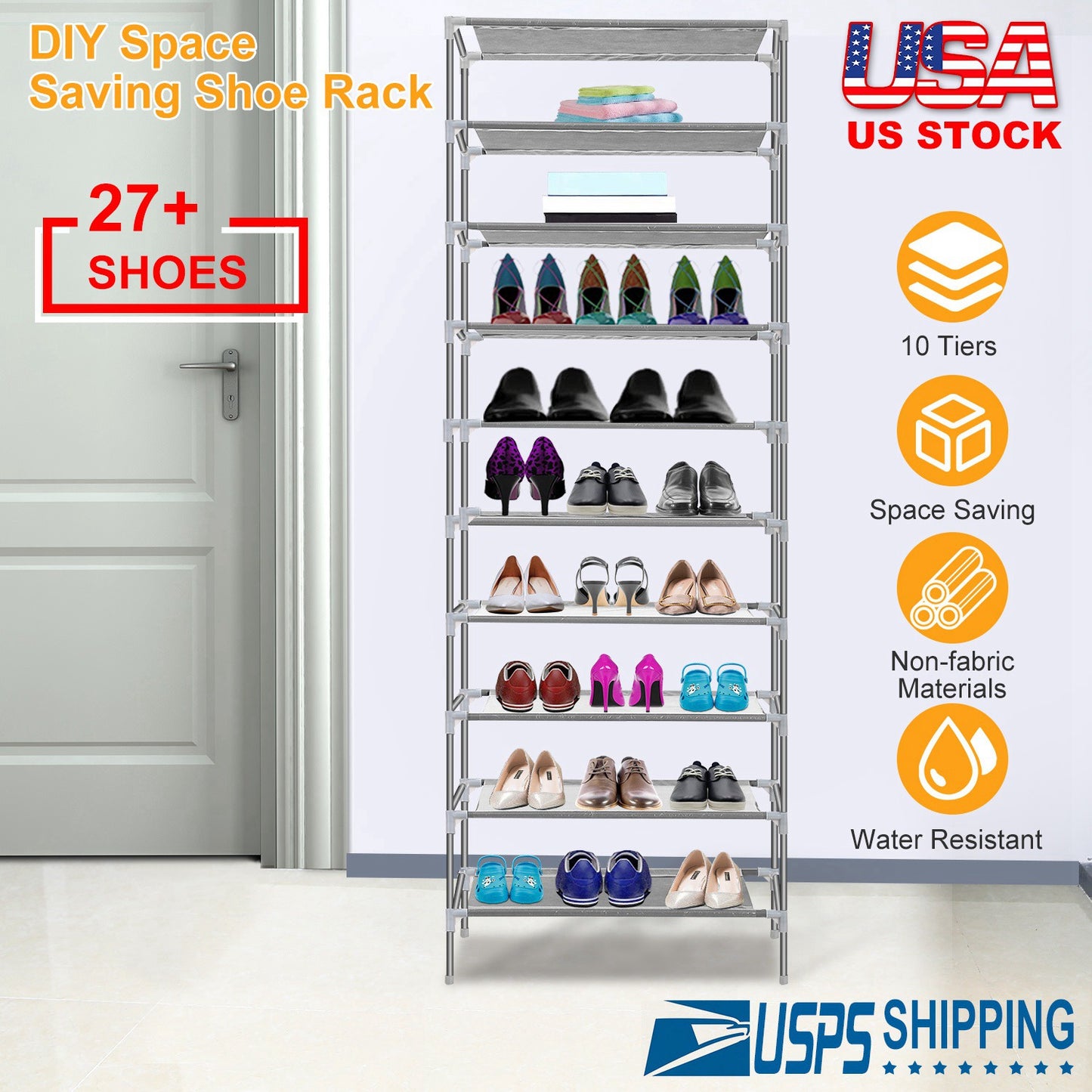 10 Tiers Shoes Rack Shelves 27 Pairs Shoes Storage Organizer Stand Non-Woven