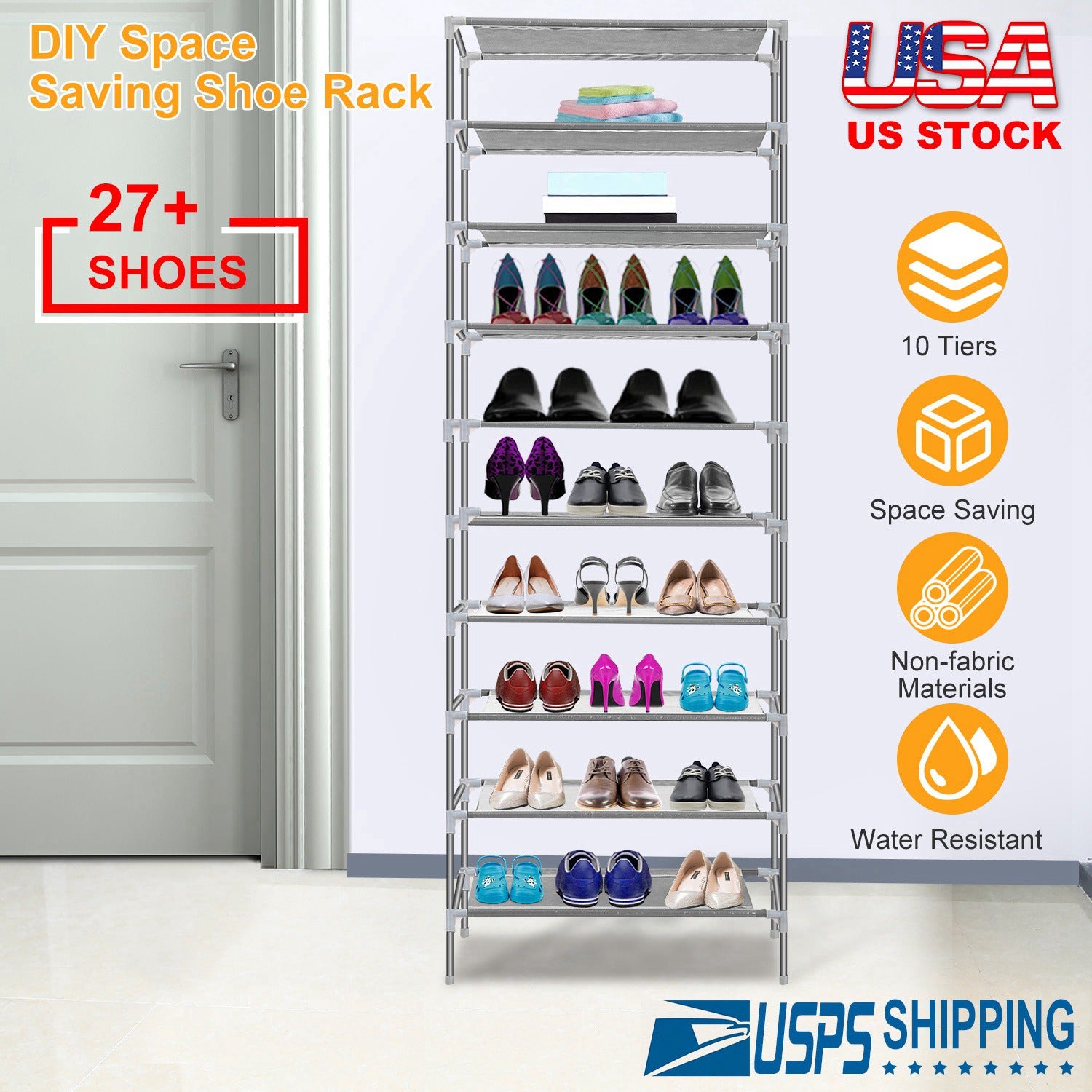10 Tiers Shoes Rack Shelves 27 Pairs Shoes Storage Organizer Stand Non-Woven