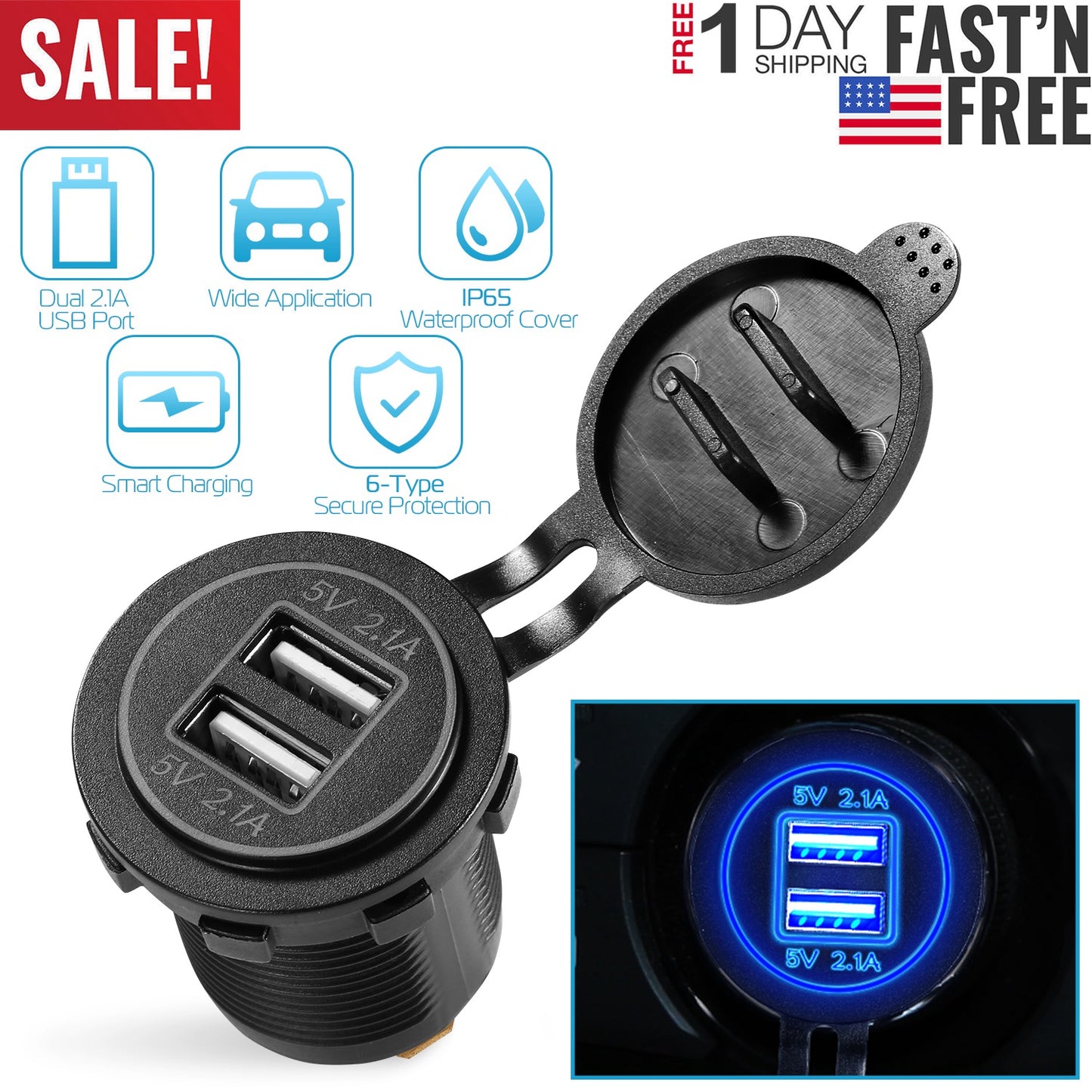 1Pc 2 USB Charger 12-24V Car Cigarette Lighter Socket Splitter Dual USB 2.1A