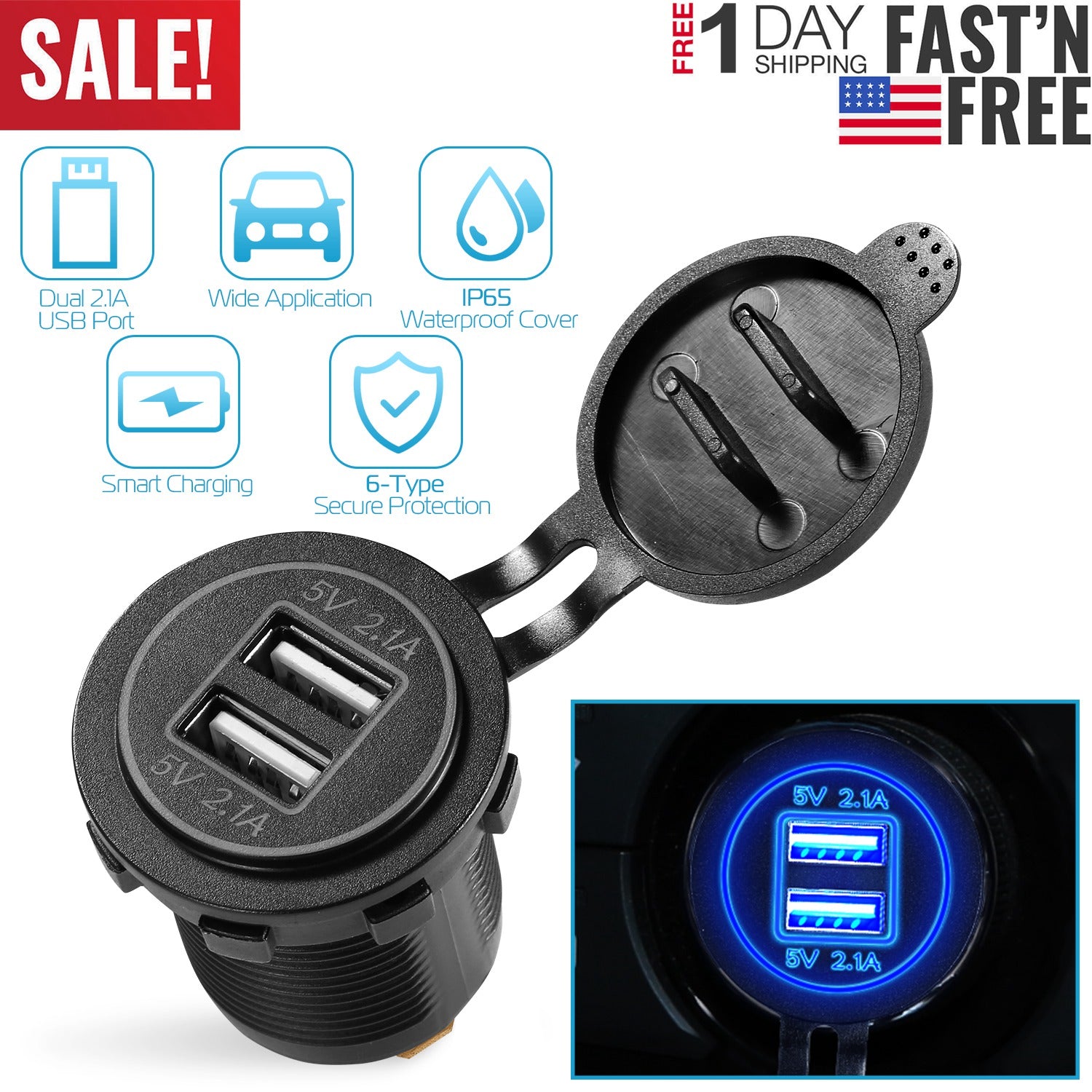 1Pc 2 USB Charger 12-24V Car Cigarette Lighter Socket Splitter Dual USB 2.1A