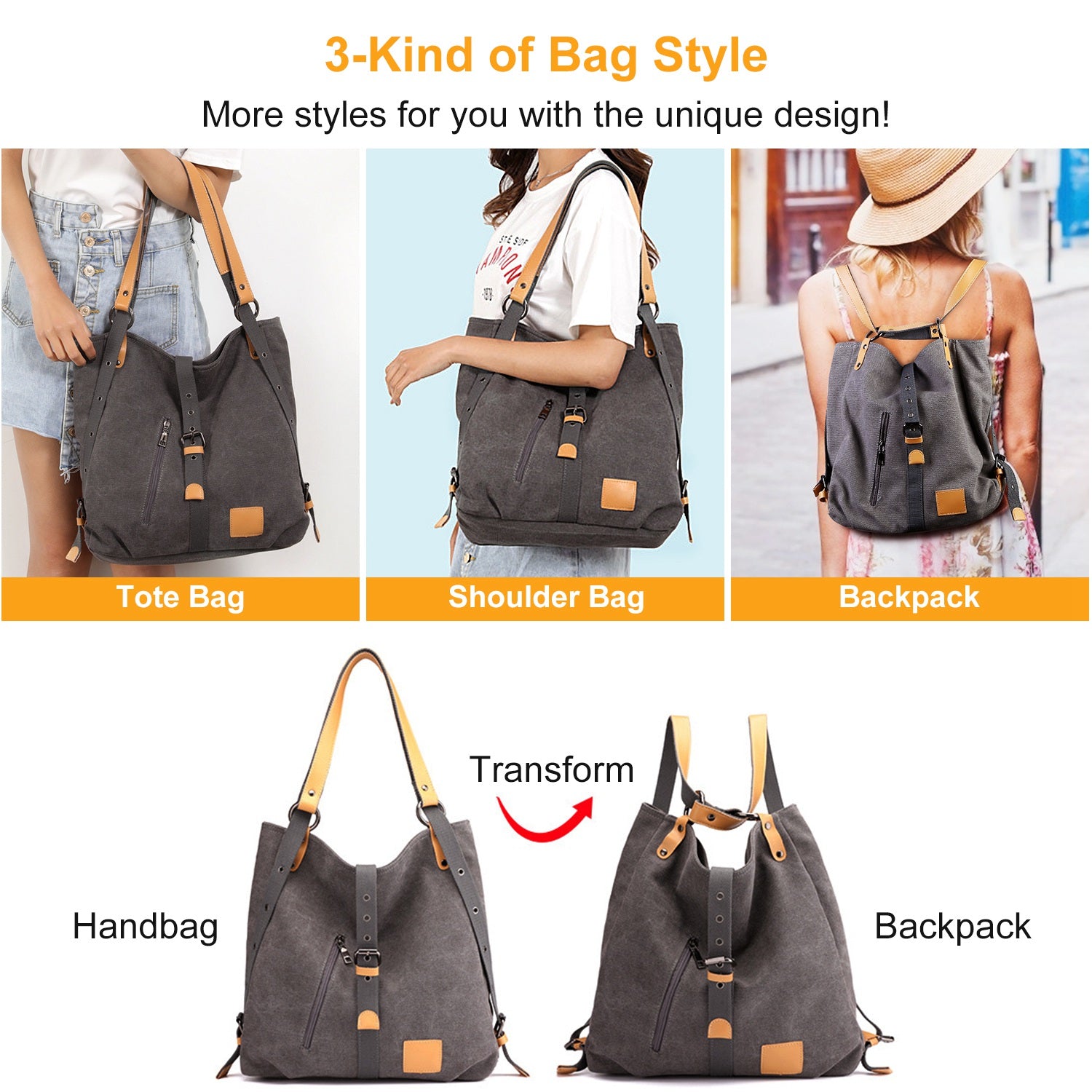 Ladies Canvas Tote Bag Multifunctional Purse Handbag Adjustable Shoulder