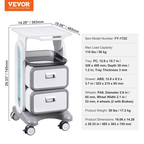 3 Tiers Lab Carts Mobile Medical Cart with 2 Drawers & 1 Top Tray White Trolley