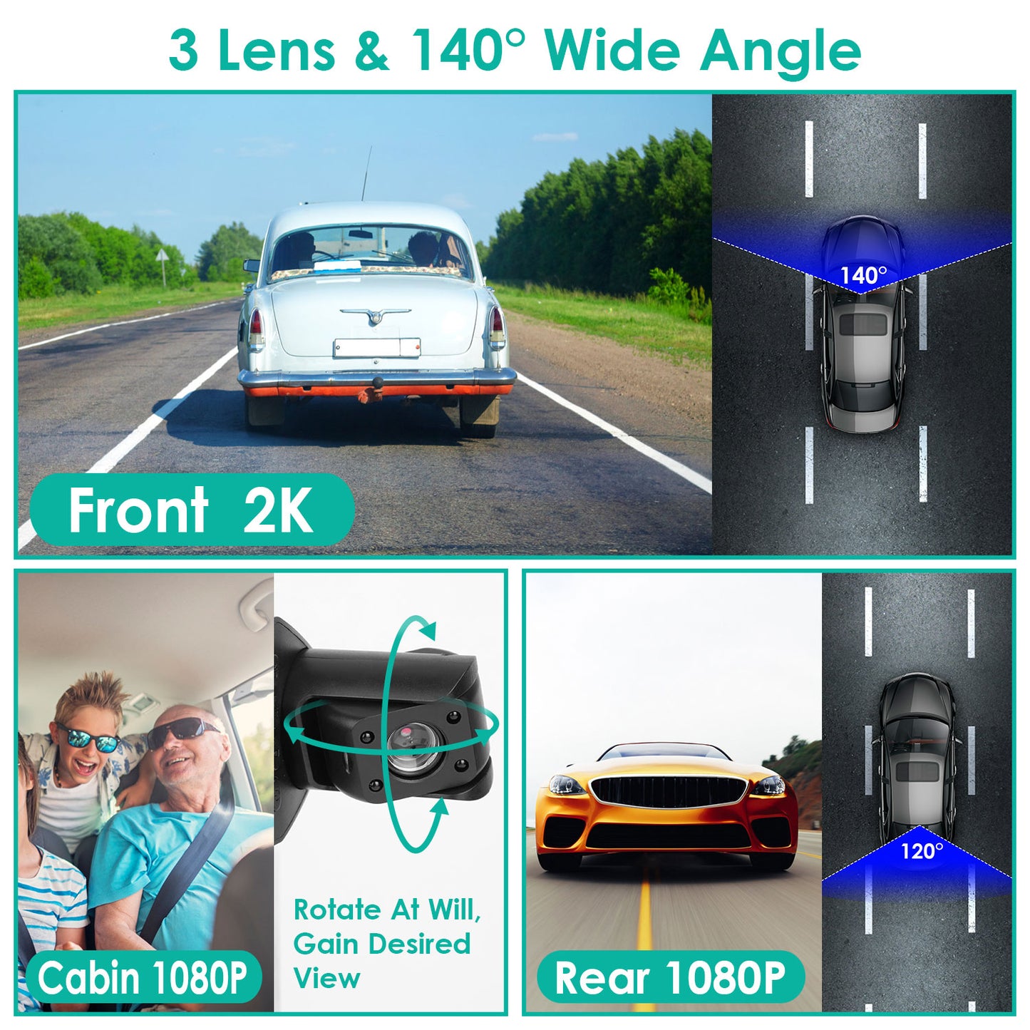 2K Car DVR 3 Channel Dash Cam Camcorder Camera Recorder with 140° Angle GPS