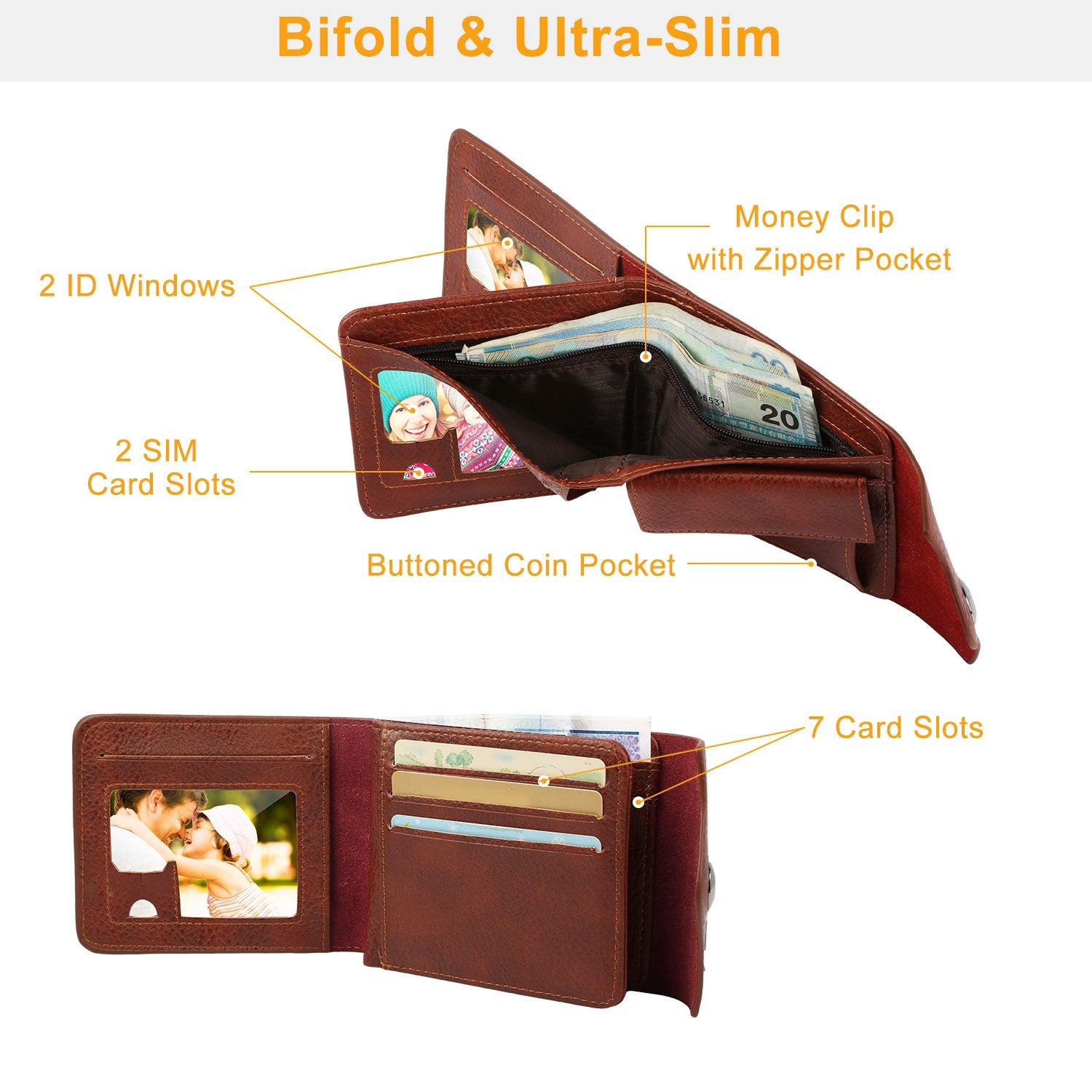 Men’s Wallet PU Leather Bifold Purse Slim RFID Blocking Card Holder Cases w/ 2