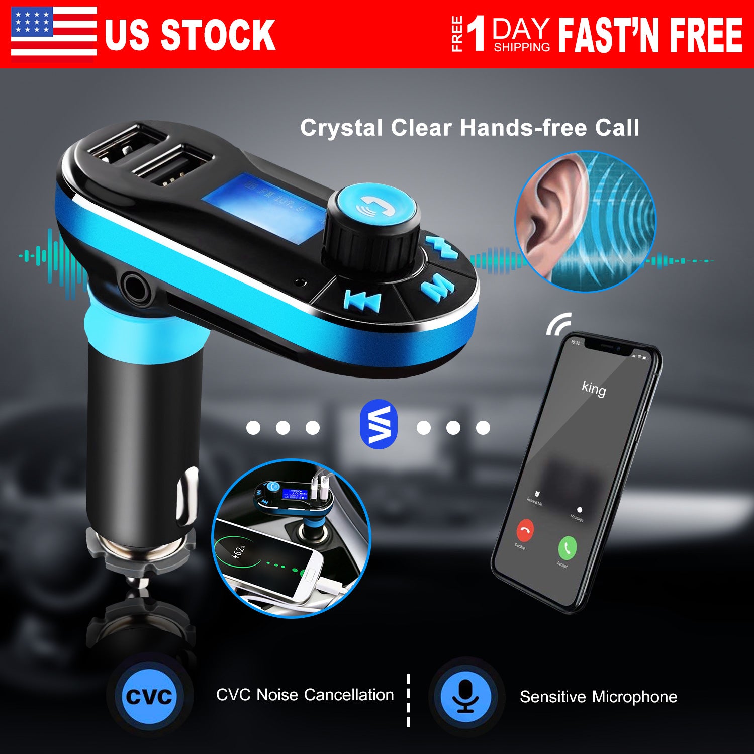 Car Wireless FM Transmitter Dual USB Charger Hands-free Call MP3 Player Aux-in