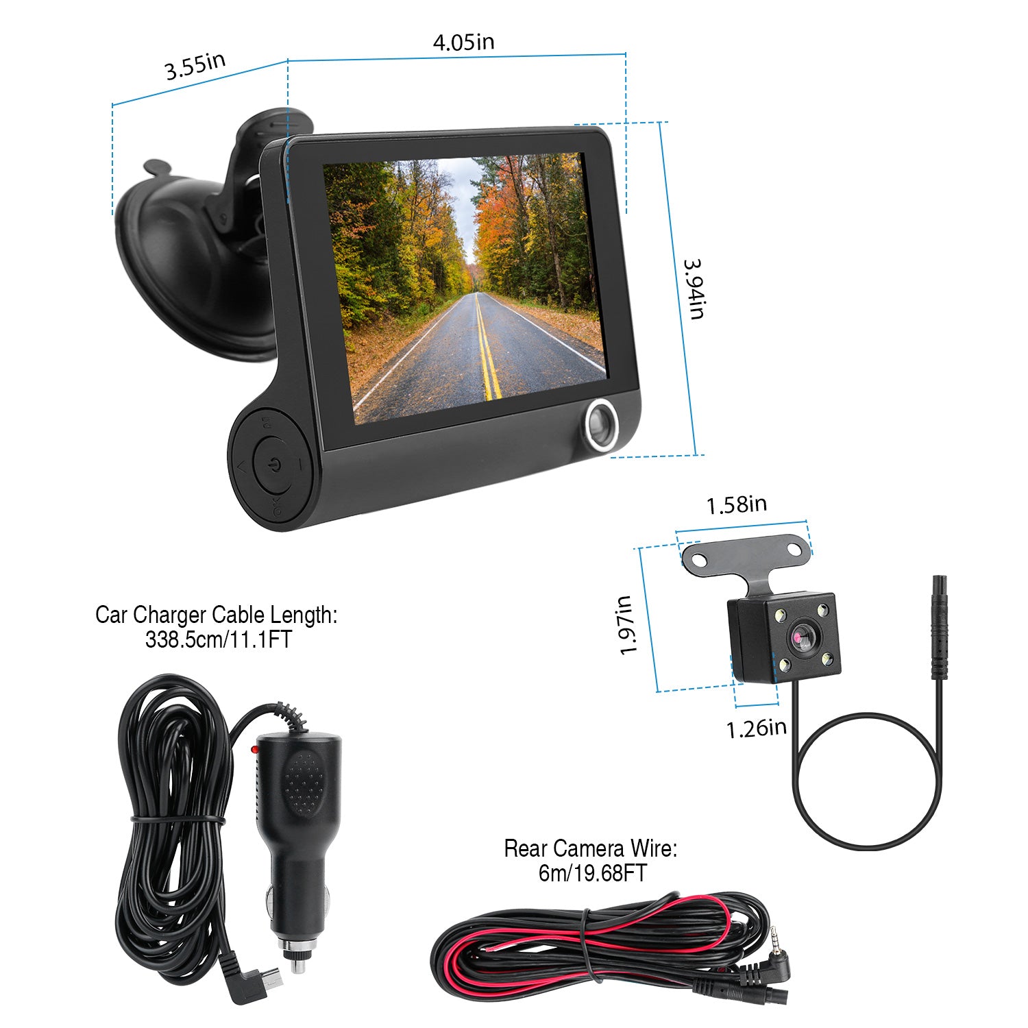 1296P Car DVR Dash Camera 4In 3 Lens Vehicle Driving Recorder Seamless