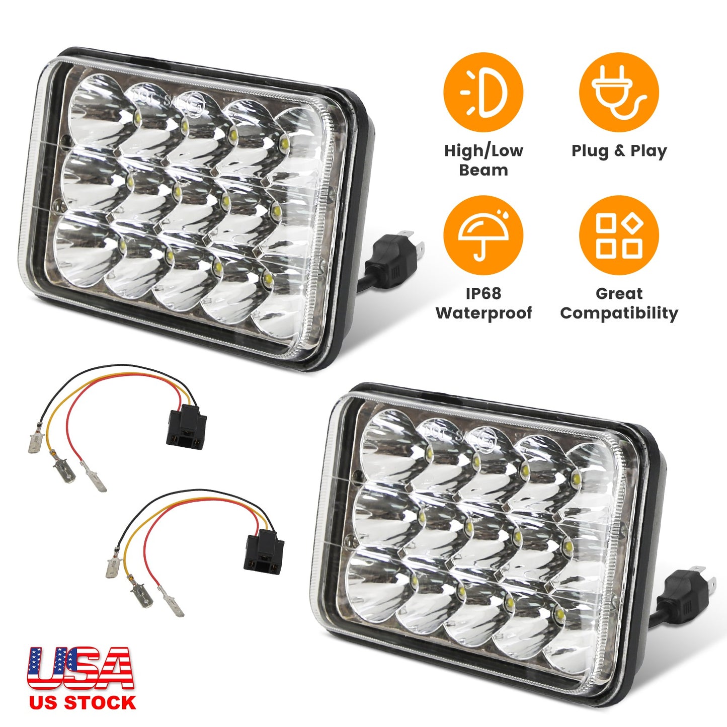4x6in Car LED Headlights Vehicle Rectangular Headlamp with H4 Socket