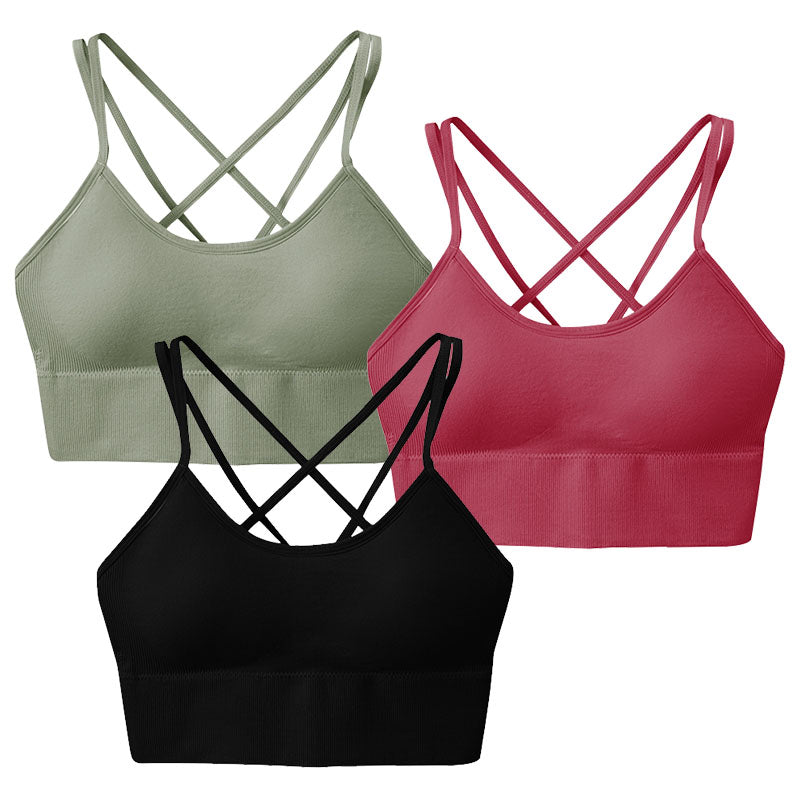 3Packs Women Cross Back Sport Bras Padded Strappy Medium Support Bras Sexy
