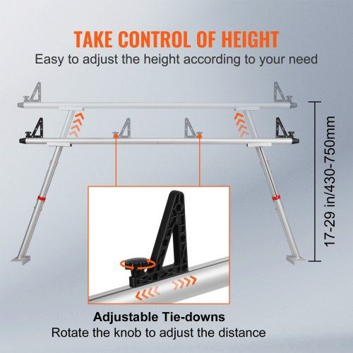 Truck Rack 800 lbs Capacity 17-29in Adjustable Height Aluminum Ladder Rack