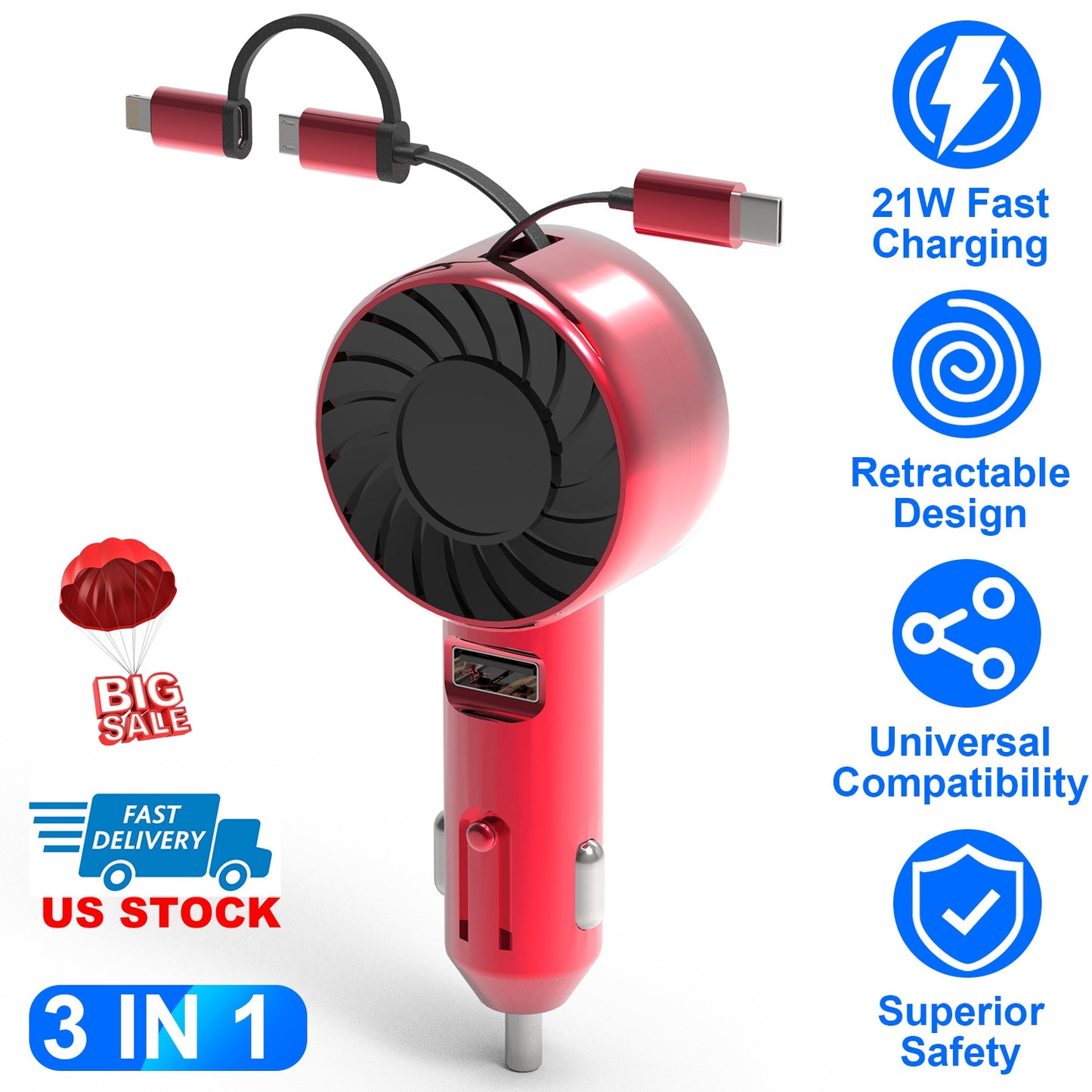 21W 3 In 1 Retractable Car Charger Fast Car Charger Mini Car Phone Charger with