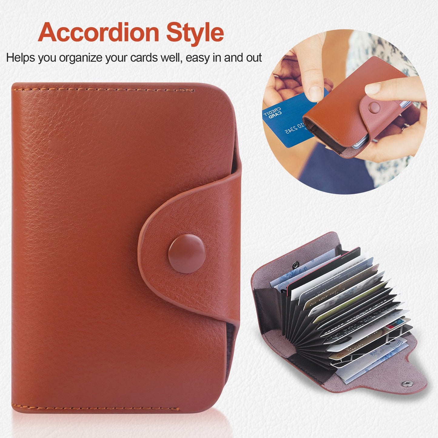 Credit Card Holder Wallet PU Leather Snap Closure Purse Accordion Case with 12