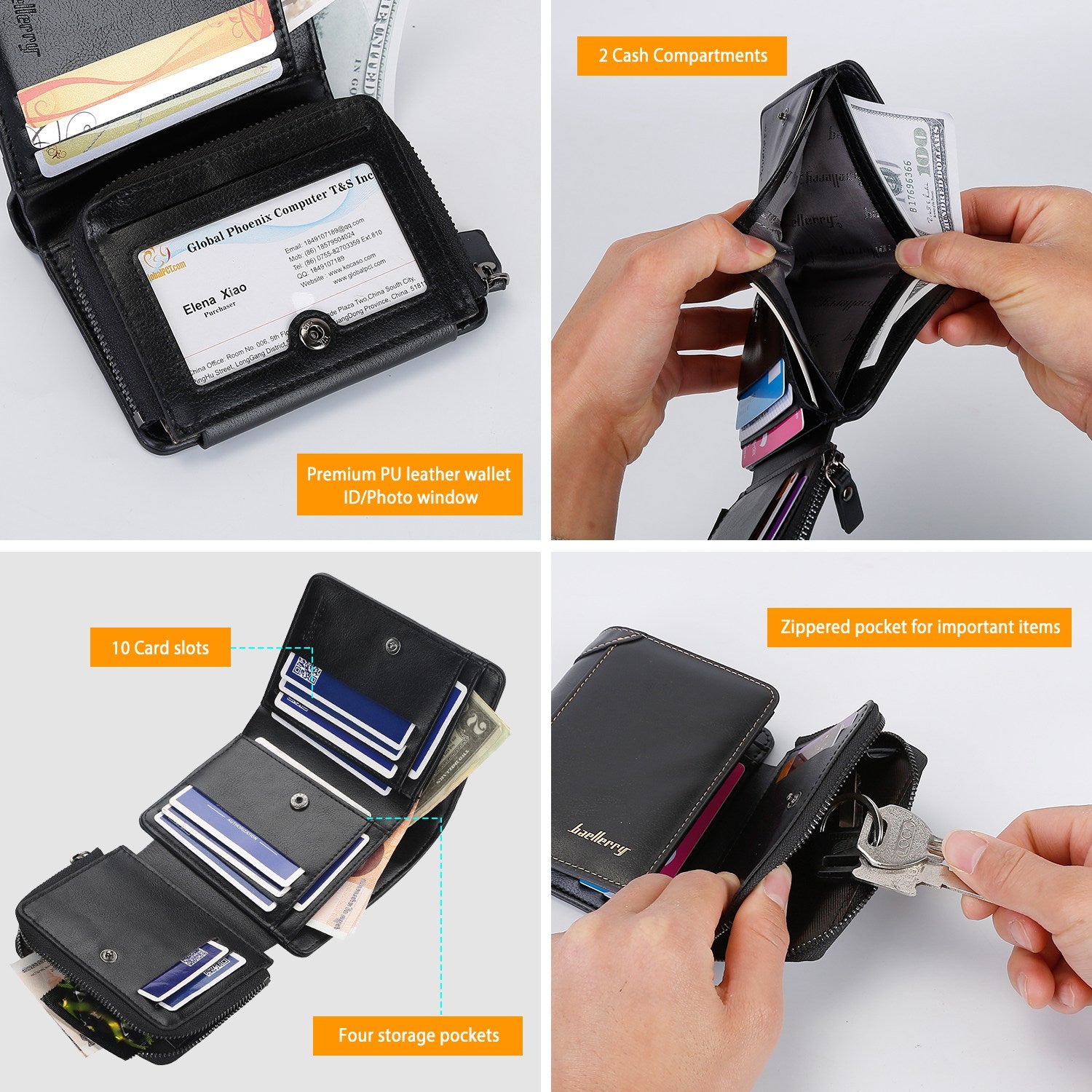 Men’s Leather Wallet ID Card Holder Purse Trifold Clutch Money Zipper with ID