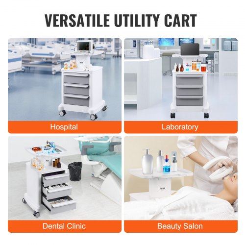 4 Tiers Lab Carts Mobile Medical Cart with 3 Drawers & 1 Top Tray White Troll