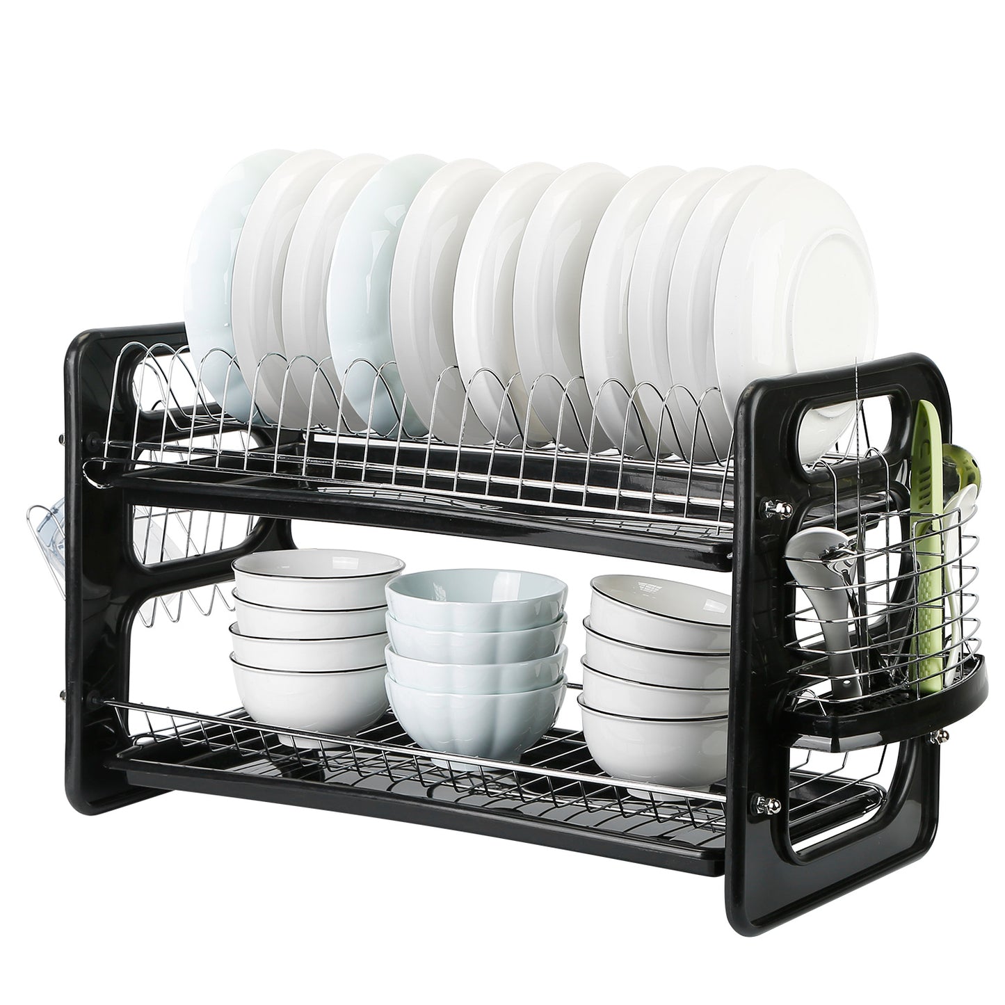 2 Tier Iron Dish Drying Rack Drainboard Set with Large Storage Anti-Rust Dish
