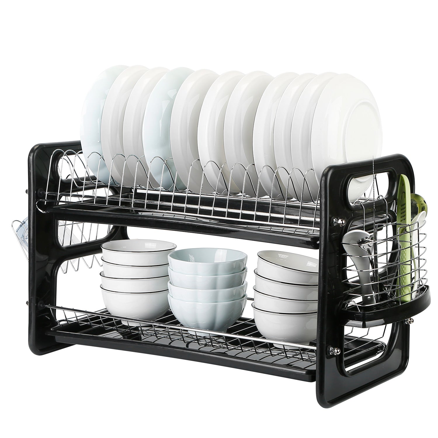 2 Tier Iron Dish Drying Rack Drainboard Set with Large Storage Anti-Rust Dish