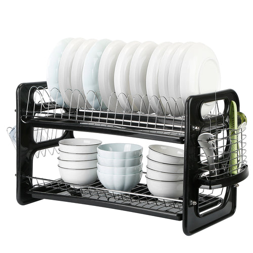 2 Tier Iron Dish Drying Rack Drainboard Set with Large Storage Anti-Rust Dish