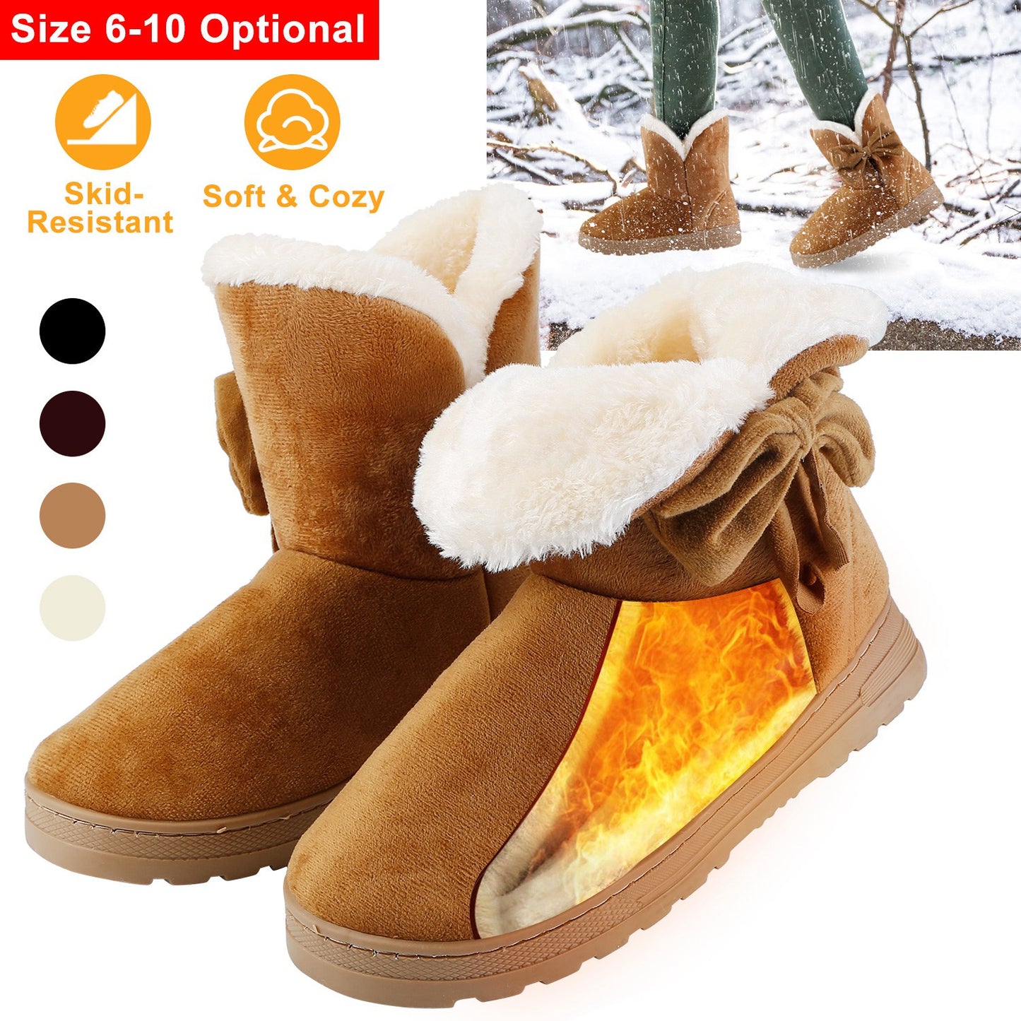 Women Ladies Snow Boots Super Soft Fabric Mid-Calf Winter Shoes Thickened Plush