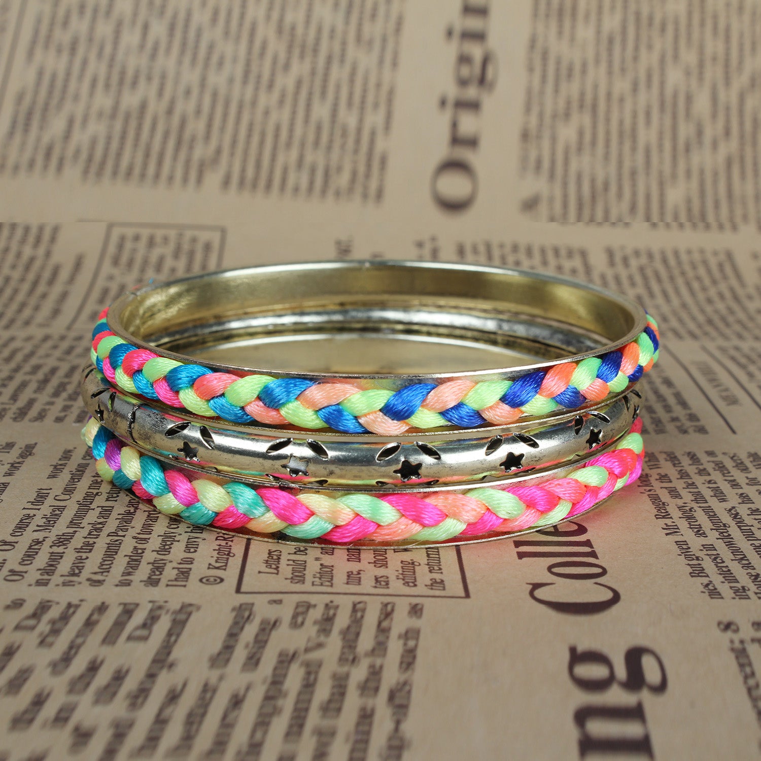 4-Piece Colorful Woven Burnished Gold Bracelet Set Apparel & Jewelry Retro