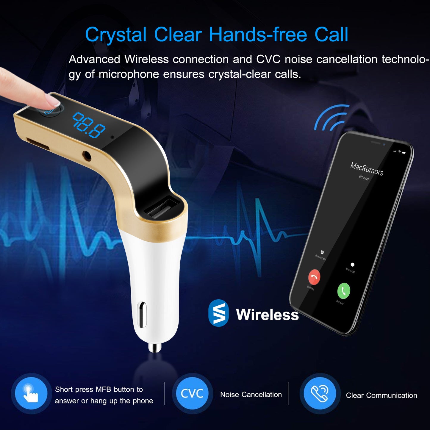 Car Wireless FM Transmitter USB Charger Hands-free Call MP3 Player TF Card