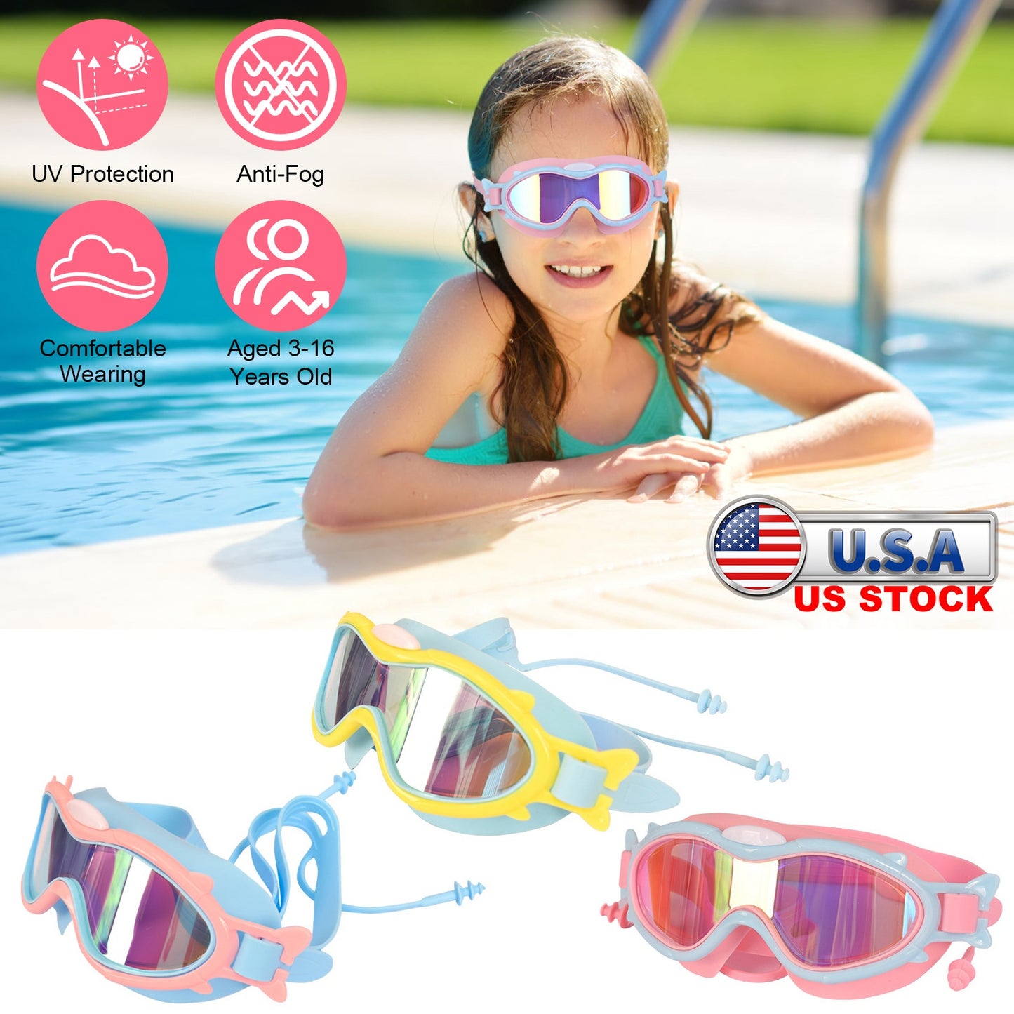 Kids Swim Goggles With Ear Plugs UV Protection Anti-Fog Leak Proof Wide View