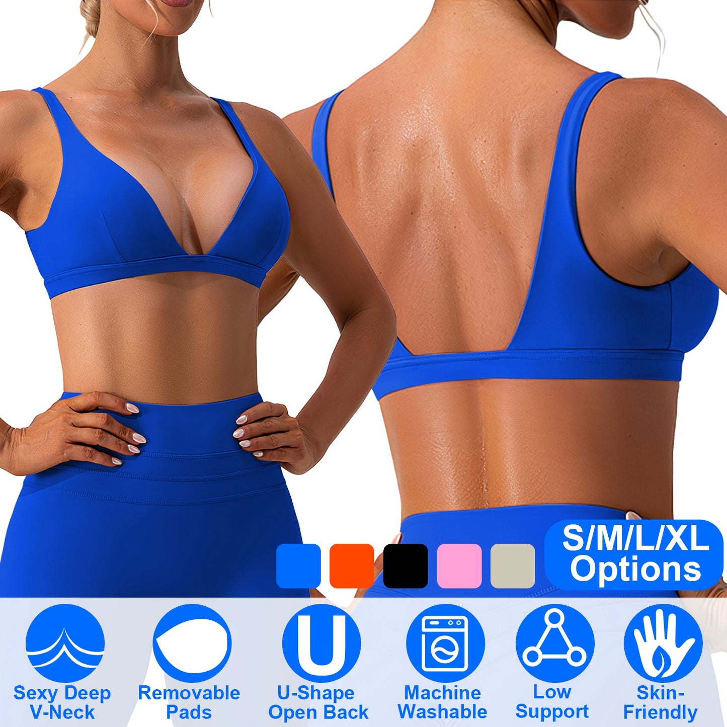 Women Deep V-Neck Sports Bras U-Shaped Back Sport Bras Padded Strappy Crop Open