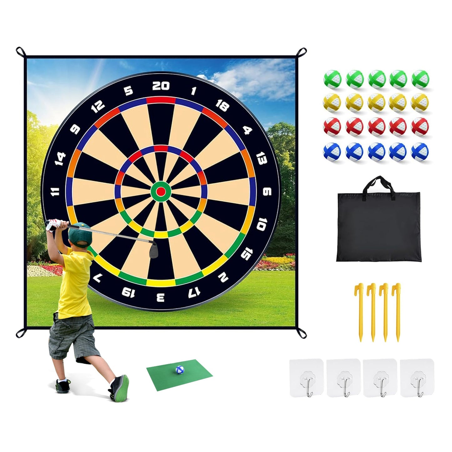 Golf Chipping Dart Game Mat Set With 20 Sticky Balls Ground Stakes Hanging