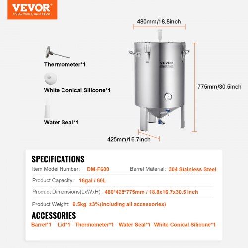 304 Stainless Steel Kettle 16 GALLON Beer Brew Fermentor Brew Bucket Ferment