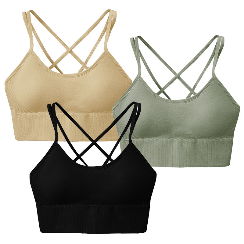 3Packs Women Cross Back Sport Bras Padded Strappy Medium Support Bras Sexy