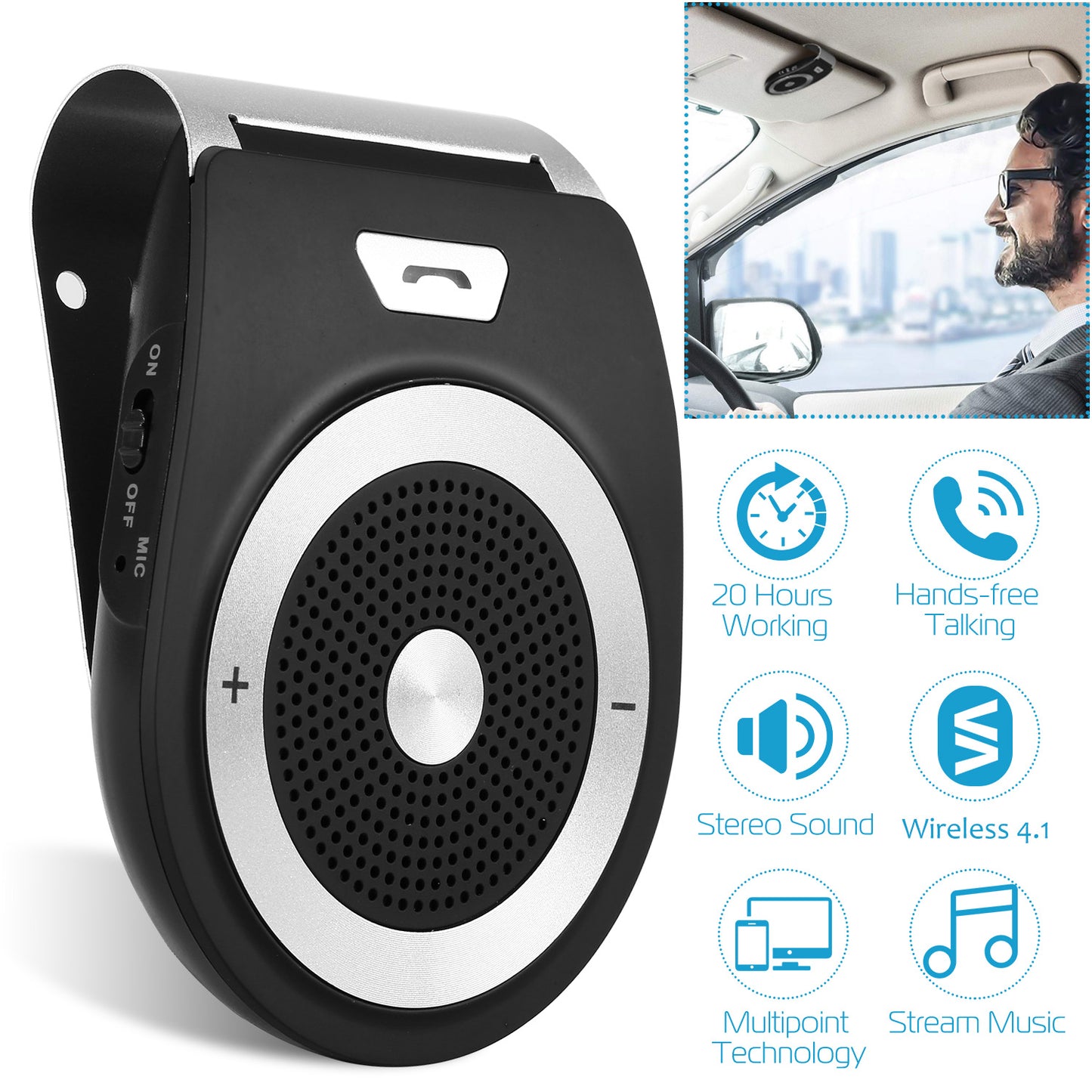 Car Wireless Speakerphone Wireless V4.1 In-Car Speaker Hands-free Calling Music