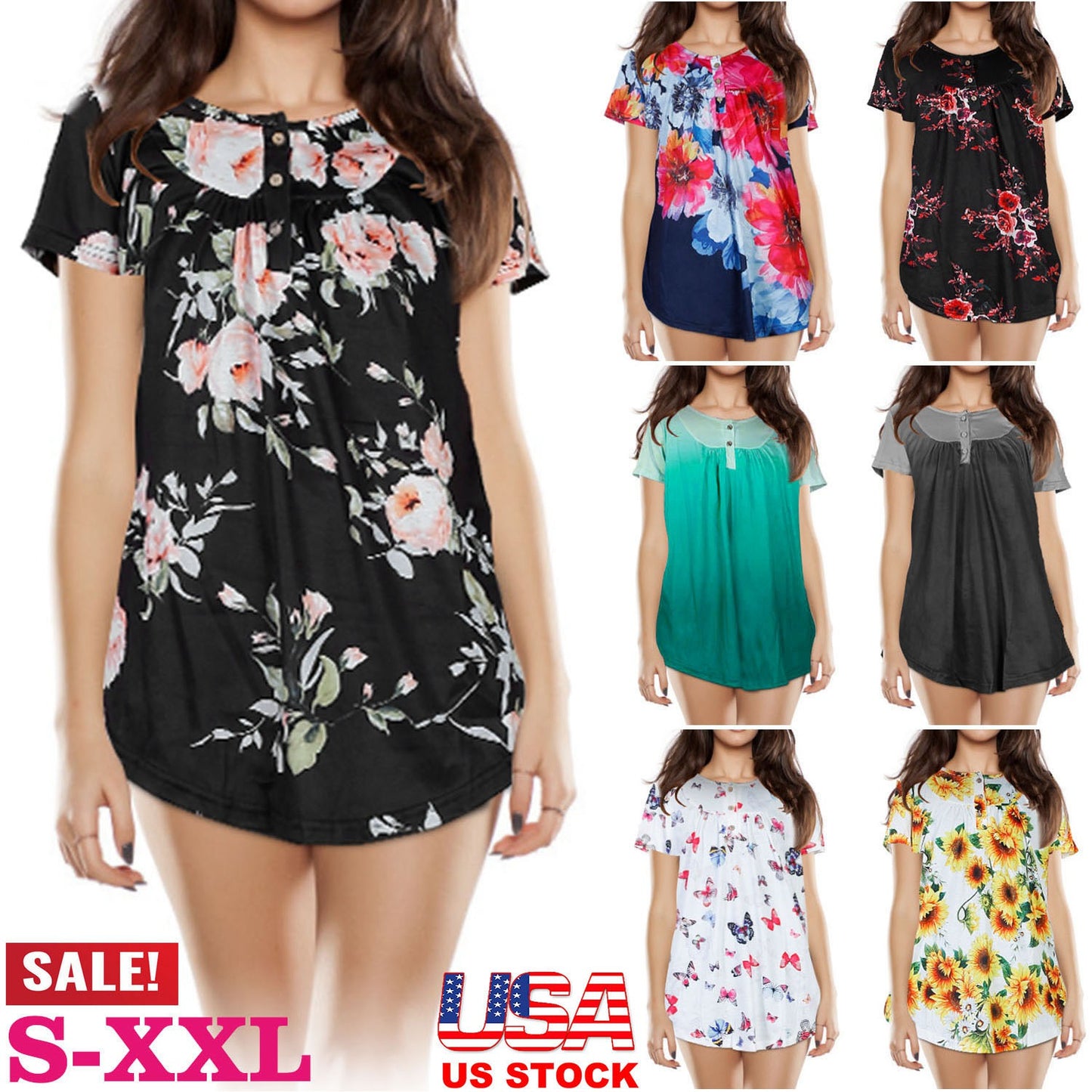 Women Summer Shirts Tops Loose Short Sleeve T Shirts Casual Floral Printed