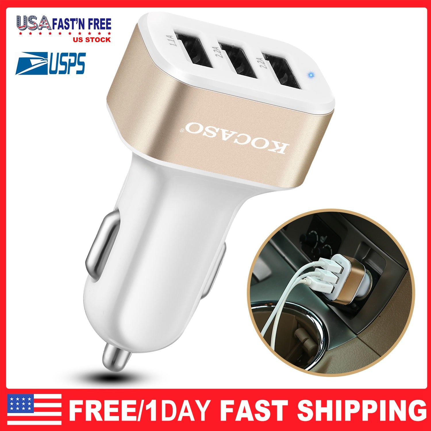 USB Car Charger 30W 5.5A 3 USB Port Cigarette Lighter Charger Adapter For