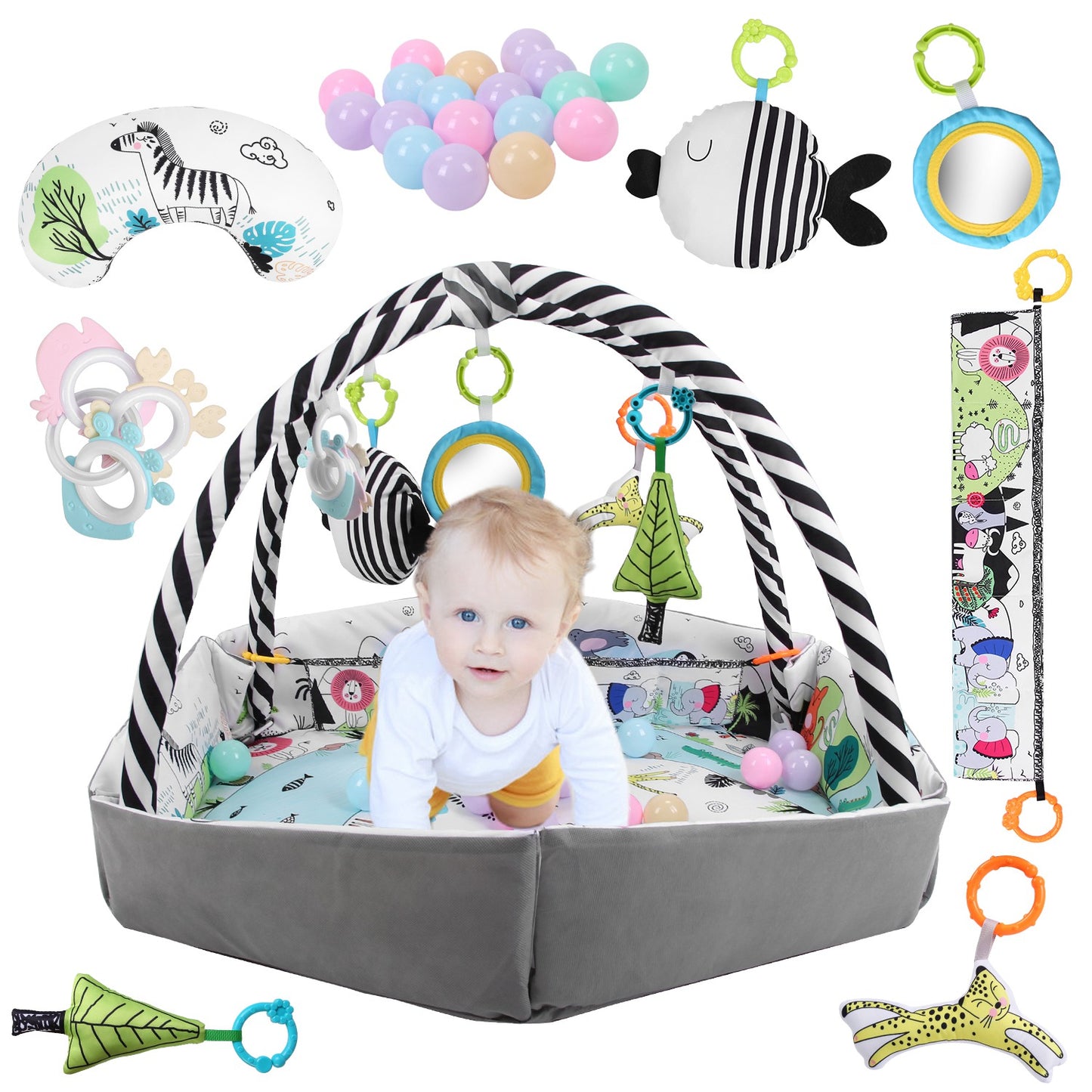4 In 1 Baby Gym Play Mat Ball Pit Baby Lounger Safety Fence Tummy Time Mat Baby