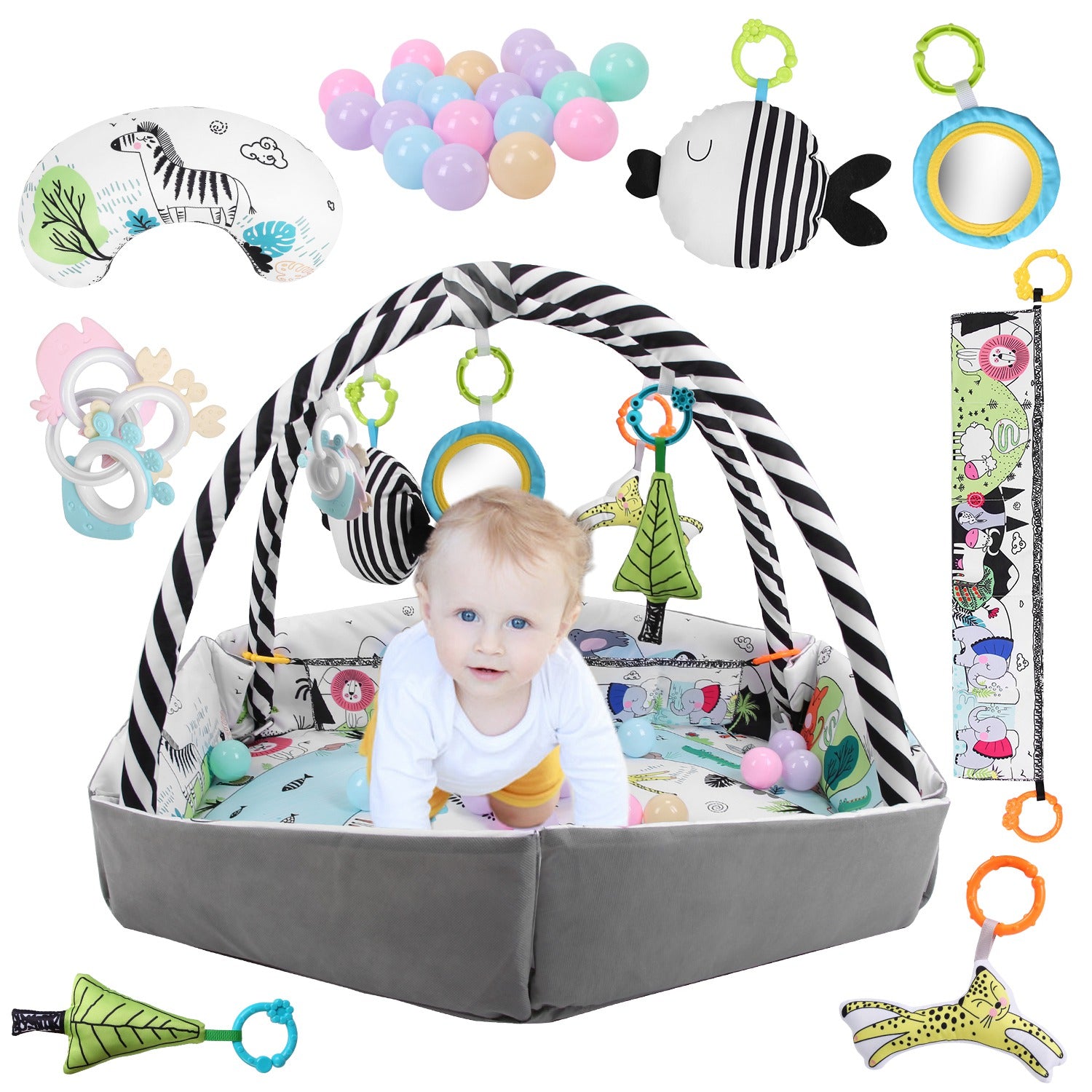4 In 1 Baby Gym Play Mat Ball Pit Baby Lounger Safety Fence Tummy Time Mat Baby