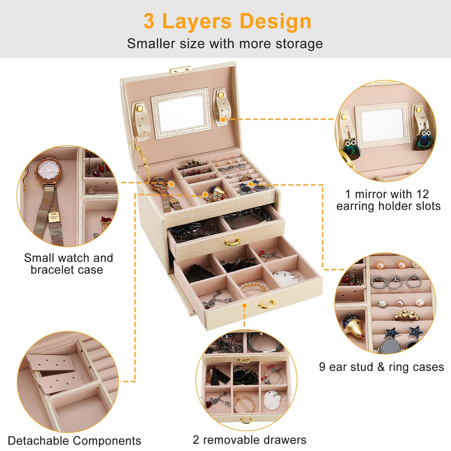 Jewelry Case Organizer 3-layer Lockable Travel Jewelry Box PU Leather Storage