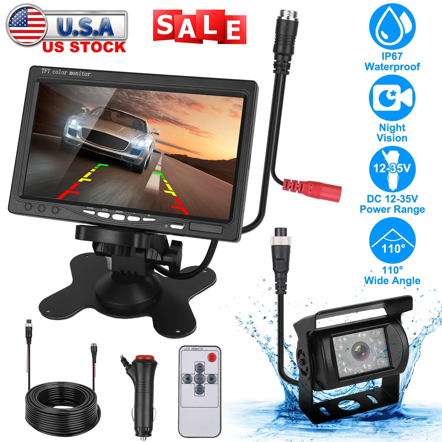 7In Screen Backup Camera System Vehicle Rear View Monitor Kit IP67 Waterproof
