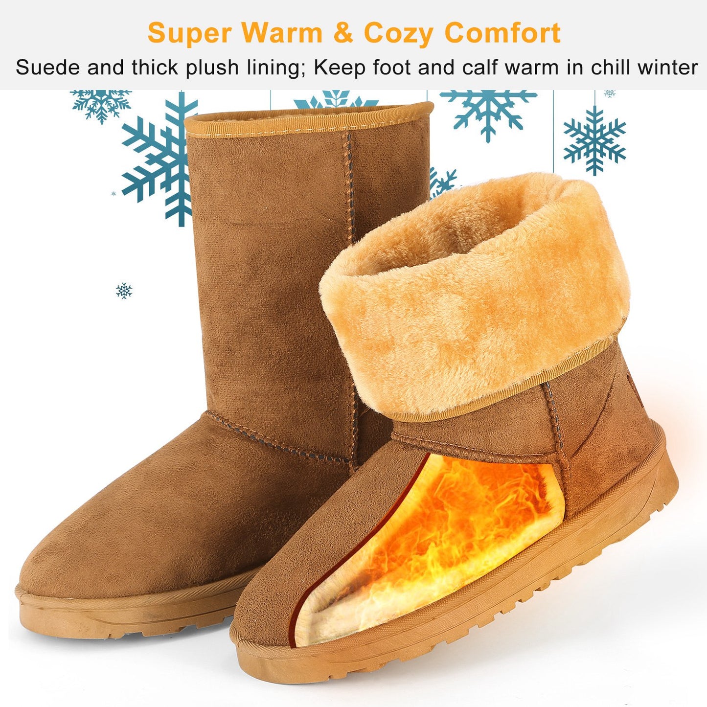 Women Ladies Snow Boots Waterproof Faux Suede Mid-Calf Boots Fur Warm Lining