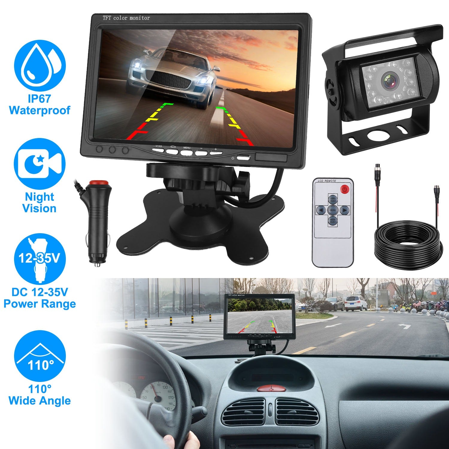 7In Screen Backup Camera System Vehicle Rear View Monitor Kit IP67 Waterproof
