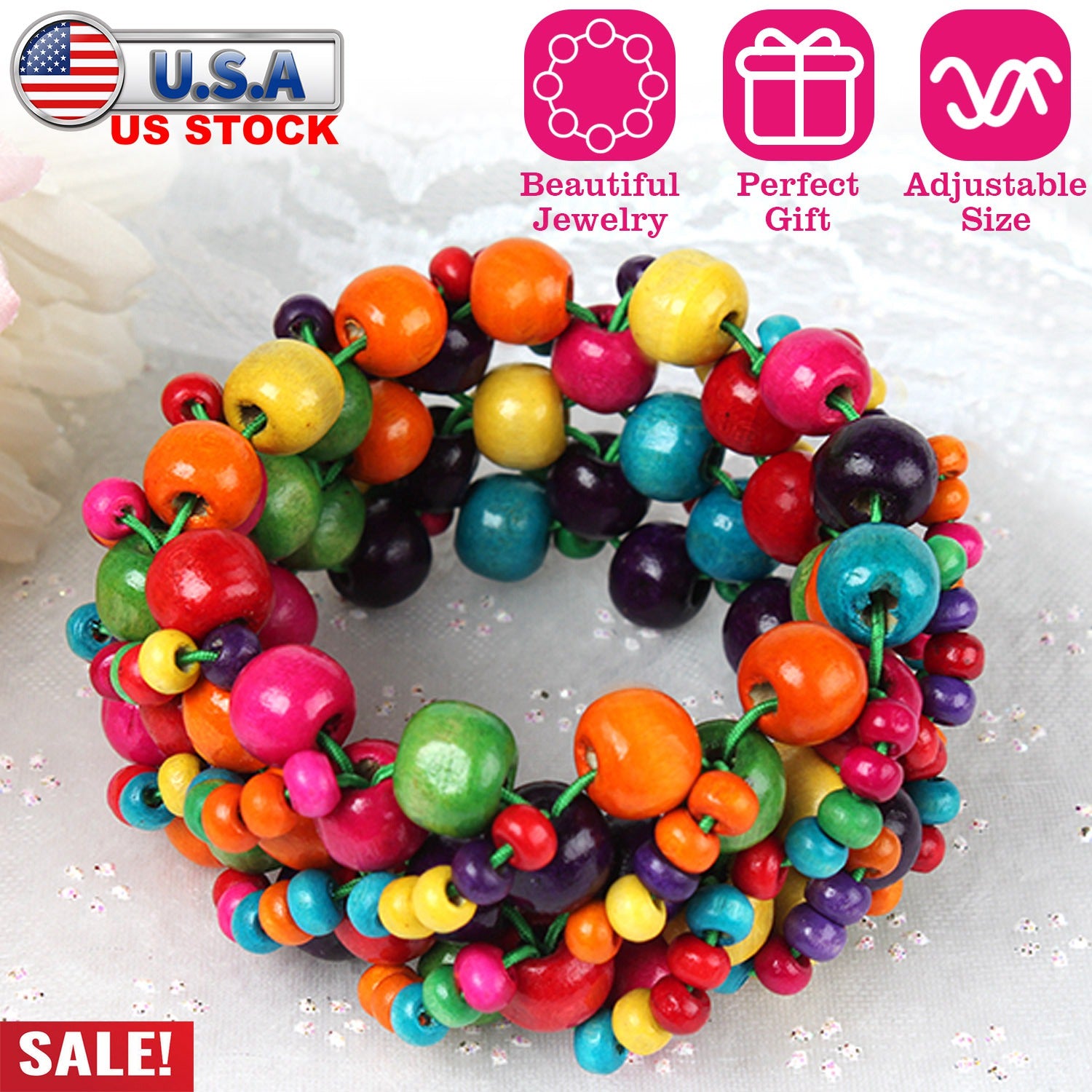 Multi-Color Wooden Beaded Stretchy Bracelet Colorful Exotic Style Elastic